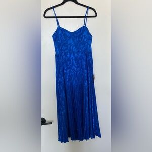 Lulu’s Cobalt Blue Satin Jacquard Pleated Midi Dress